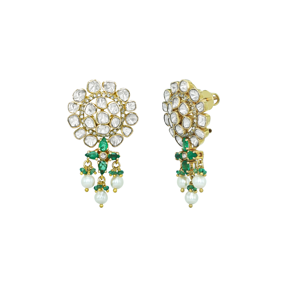 Floral Open Polki Earrings with Emerald and Pearl Drops